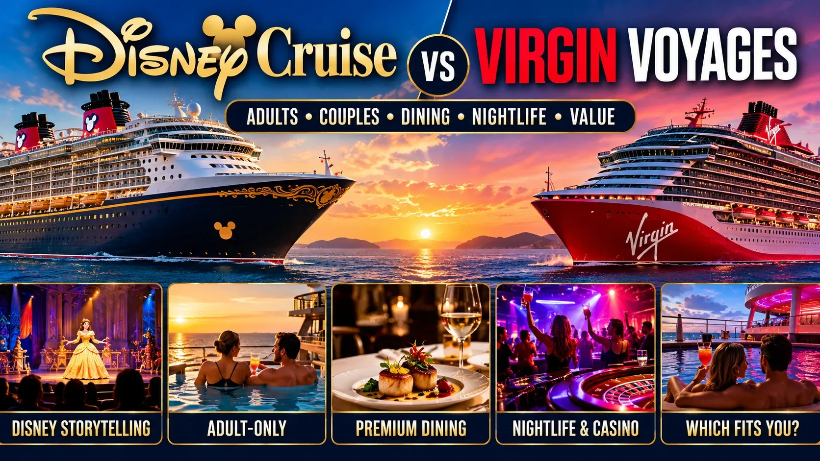 Disney Cruise vs Virgin Voyages comparison featuring adult Disney storytelling, adults-only cruising, premium dining, nightlife and casino options