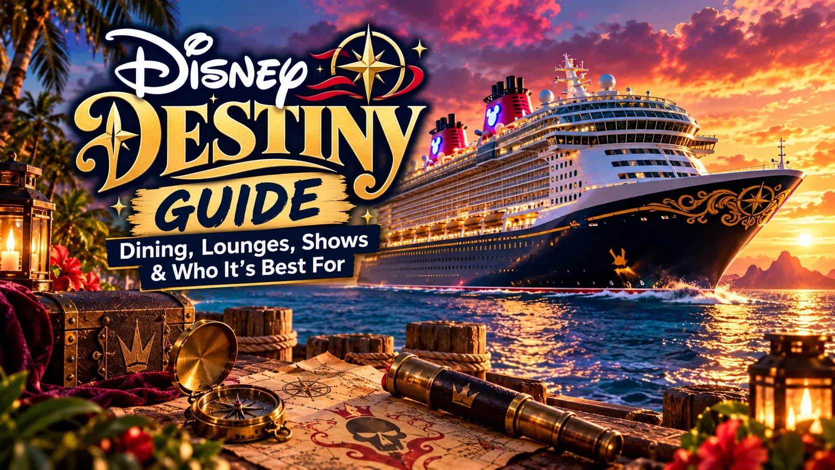 Illustrated Disney Destiny Guide cover showing the Disney Destiny at sea at sunset.