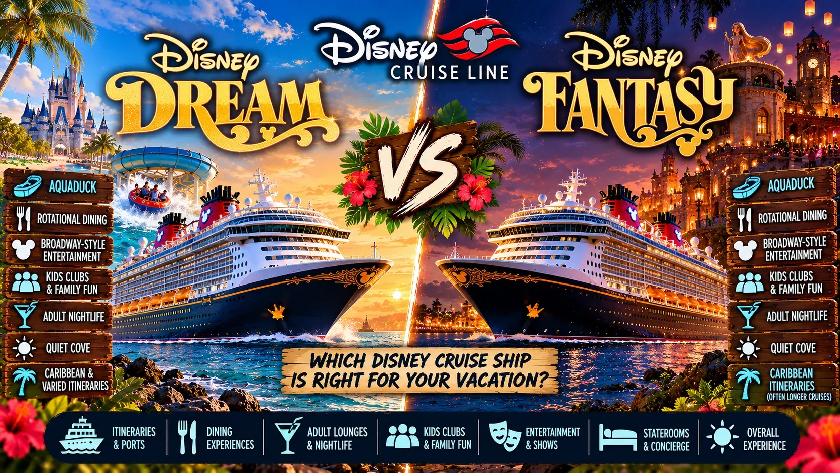 Illustrated comparison cover of the Disney Dream versus the Disney Fantasy asking which ship is right for your vacation.