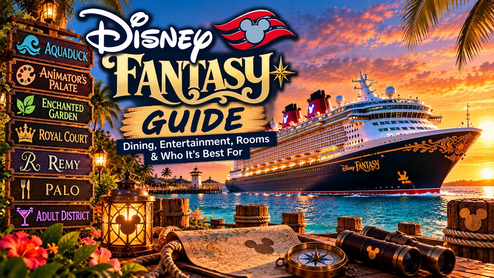 Illustrated Disney Fantasy Guide cover showing the Disney Fantasy at sea at dusk.