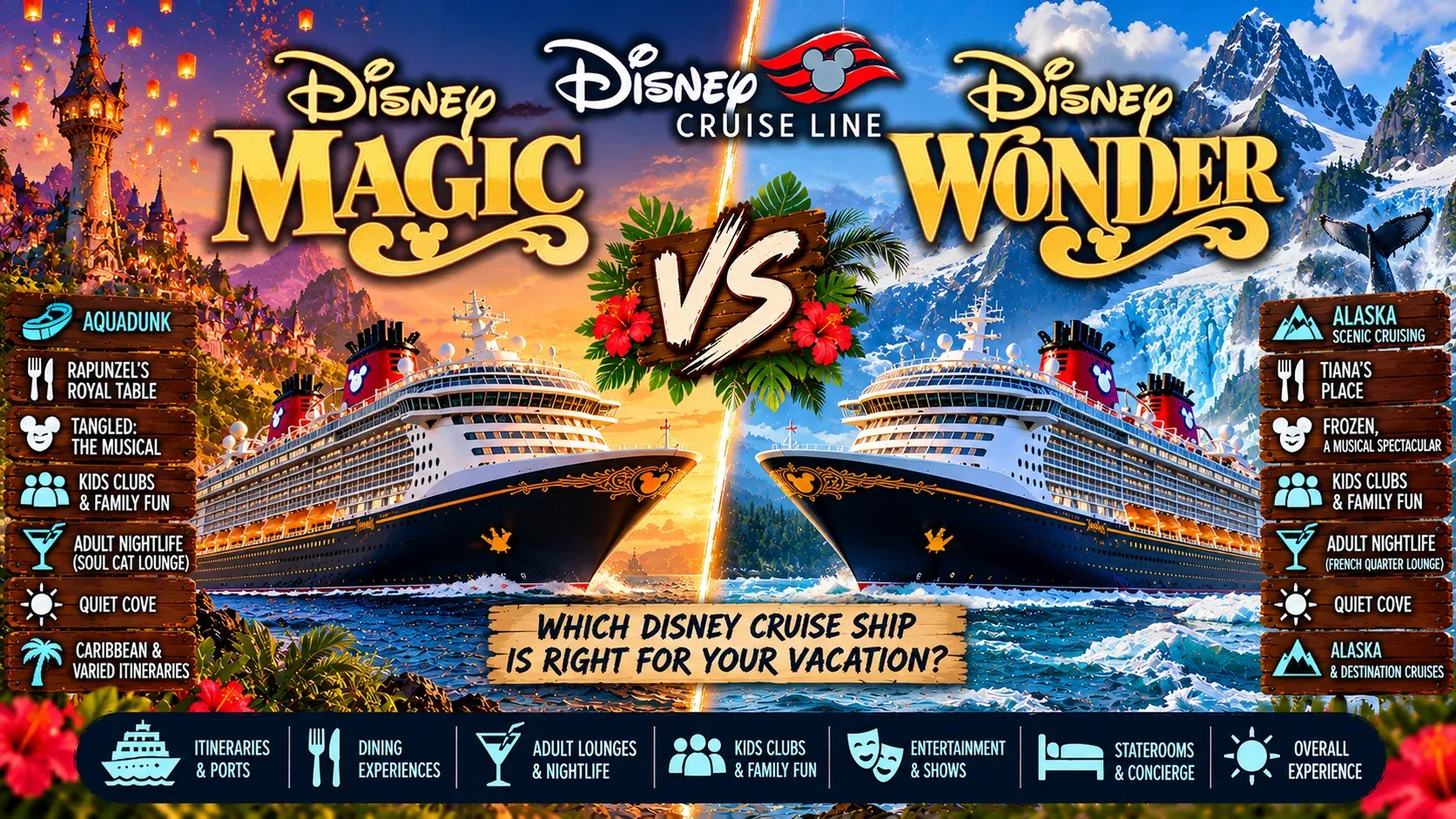 Illustrated comparison cover of the Disney Magic versus the Disney Wonder asking which ship is right for your vacation.