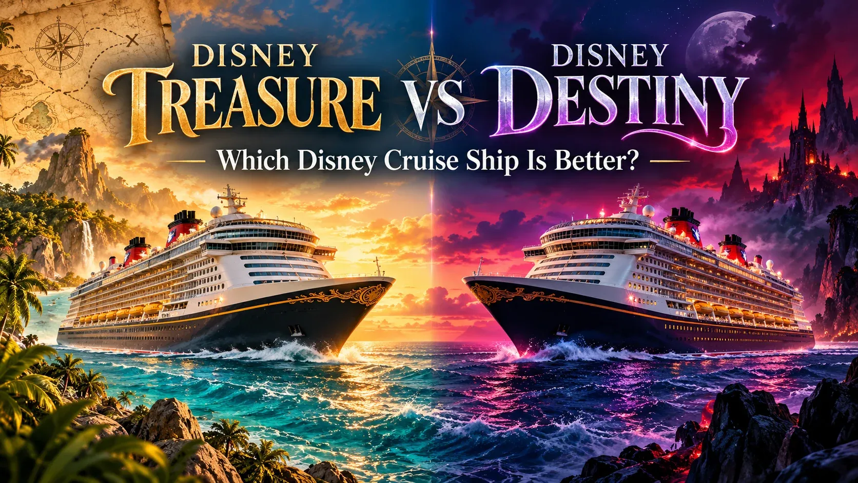 Illustrated comparison cover of the Disney Treasure versus the Disney Destiny asking which Disney cruise ship is better.