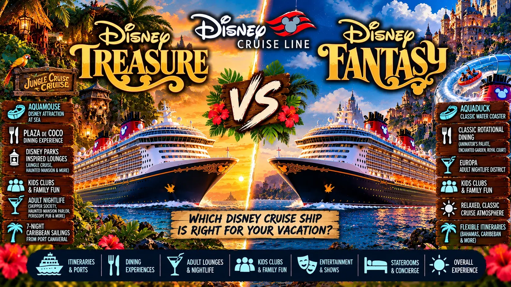 Disney Treasure vs Disney Fantasy comparison of AquaMouse and AquaDuck, Plaza de Coco and classic rotational dining, adult lounges, kids clubs and itineraries