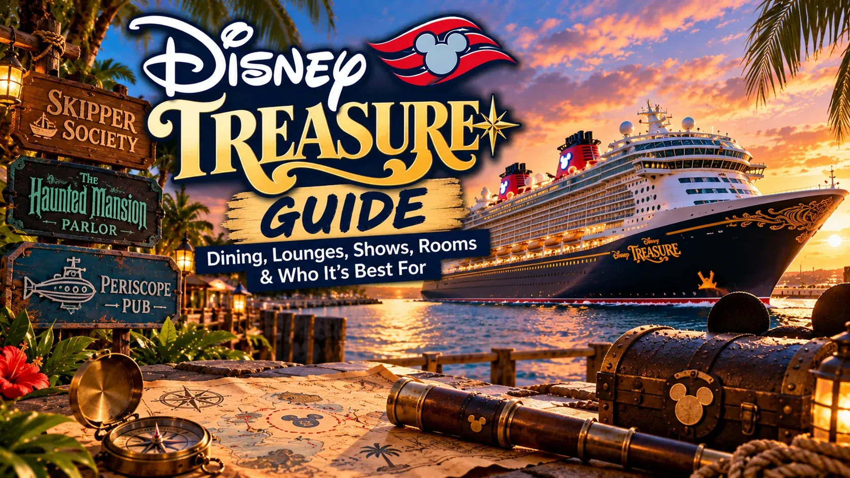 Illustrated Disney Treasure Guide cover showing the Disney Treasure at sea.
