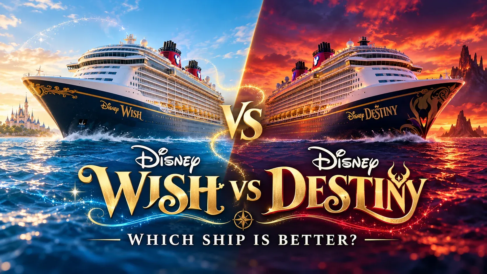 Illustrated comparison cover showing the Disney Wish and the Disney Destiny at sea, asking which ship is better.