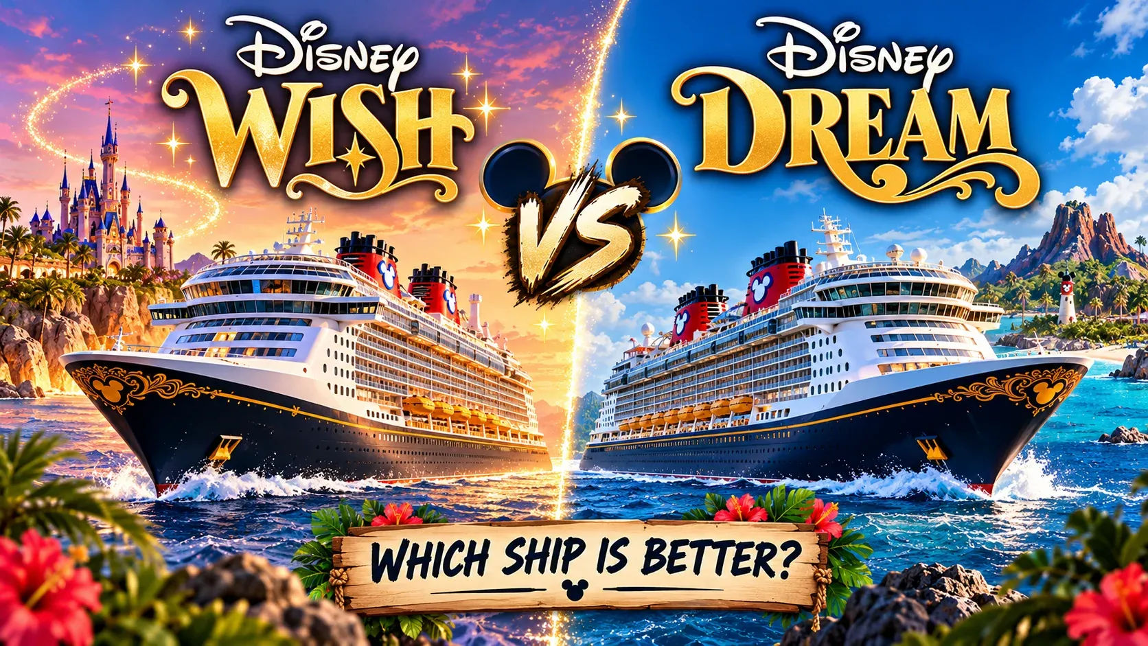 Illustrated comparison cover of the Disney Wish versus the Disney Dream asking which ship is better.