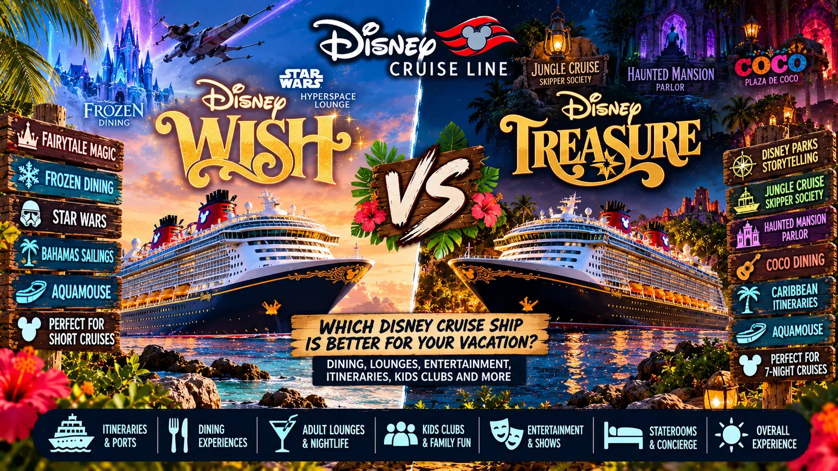 Illustrated comparison cover of the Disney Wish versus the Disney Treasure asking which ship is better.