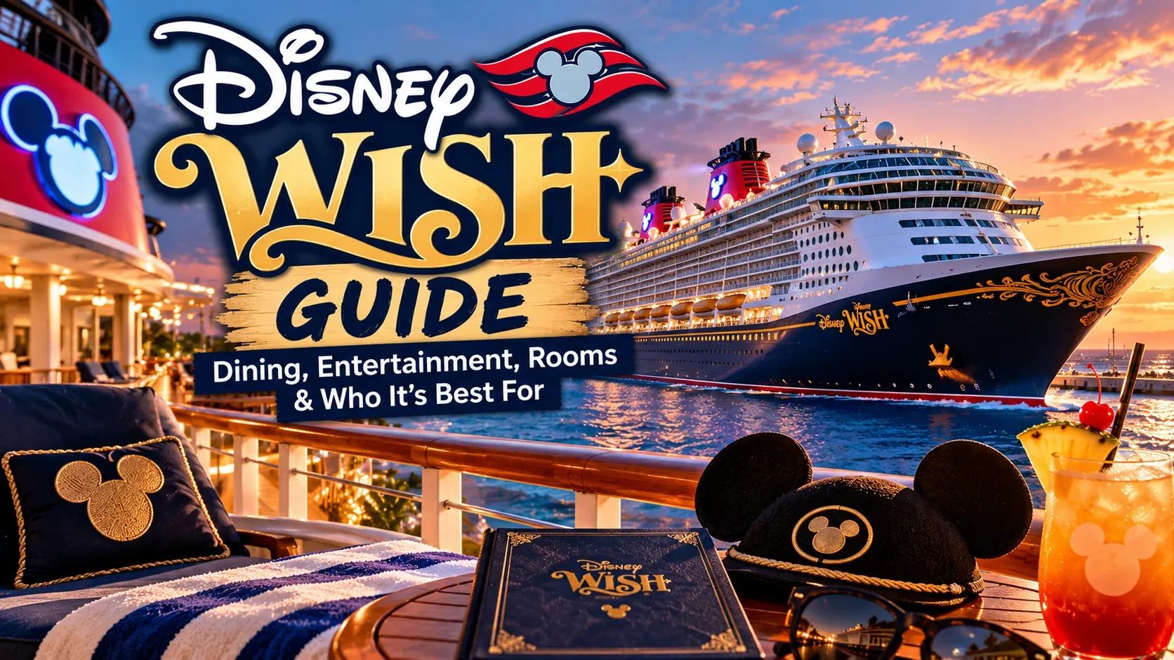 Illustrated Disney Wish Guide cover showing the Disney Wish at sea at sunset.