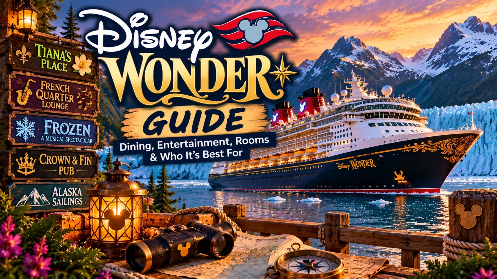 Illustrated Disney Wonder Guide cover showing the Disney Wonder in front of snowy Alaska mountains.