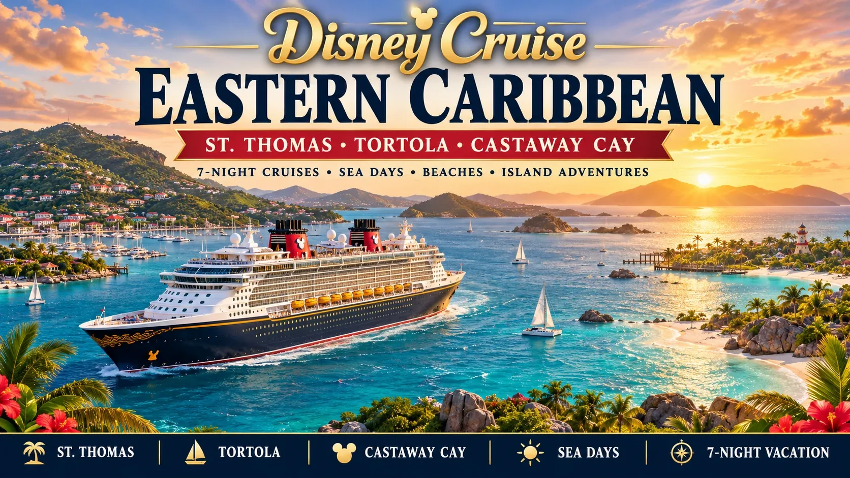 Eastern Caribbean Disney Cruise guide featuring St. Thomas, Tortola, Castaway Cay, sea days and a 7-night Caribbean sailing