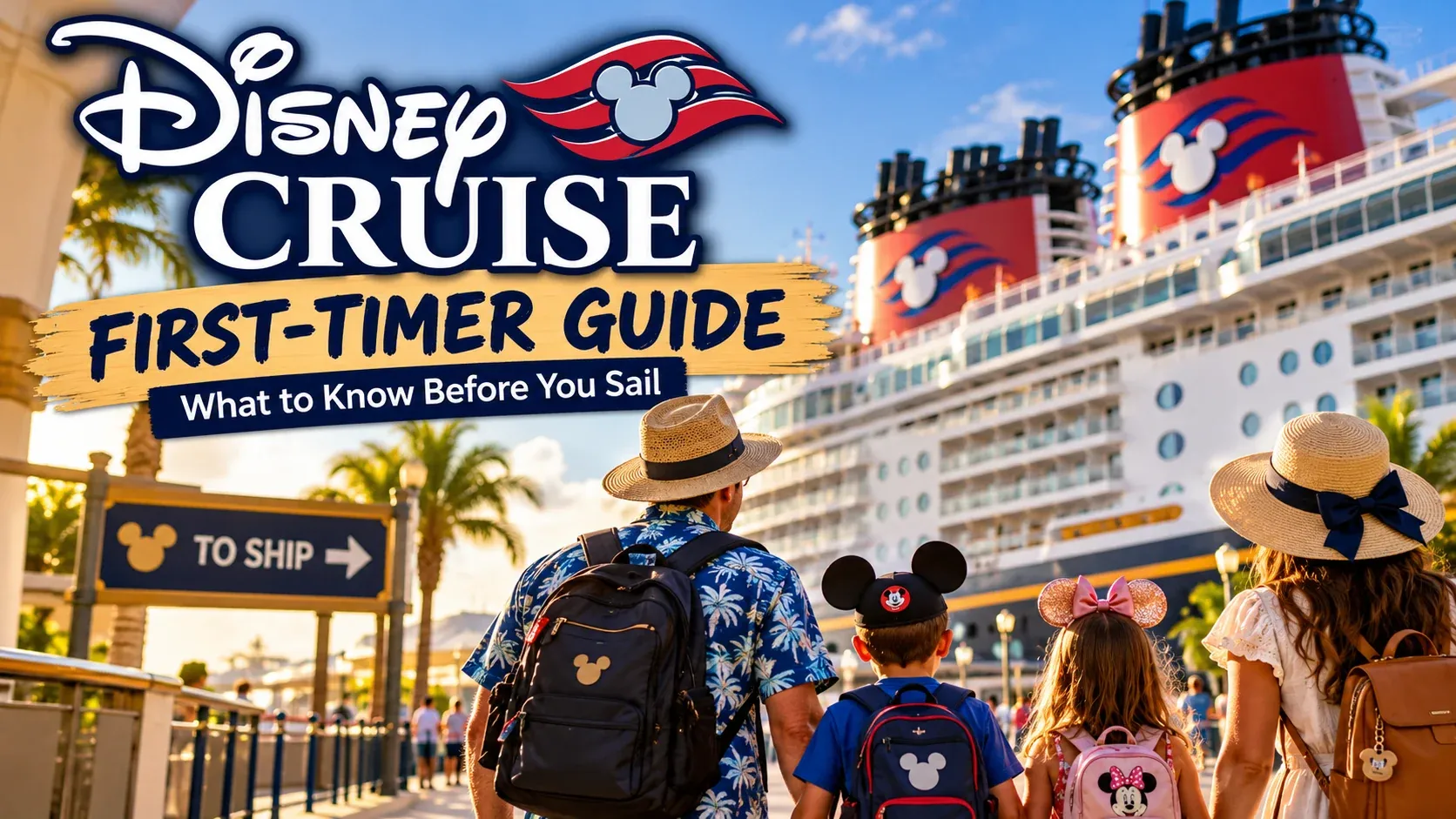 Illustrated Disney Cruise First-Timer Guide cover showing travelers heading toward a Disney ship.
