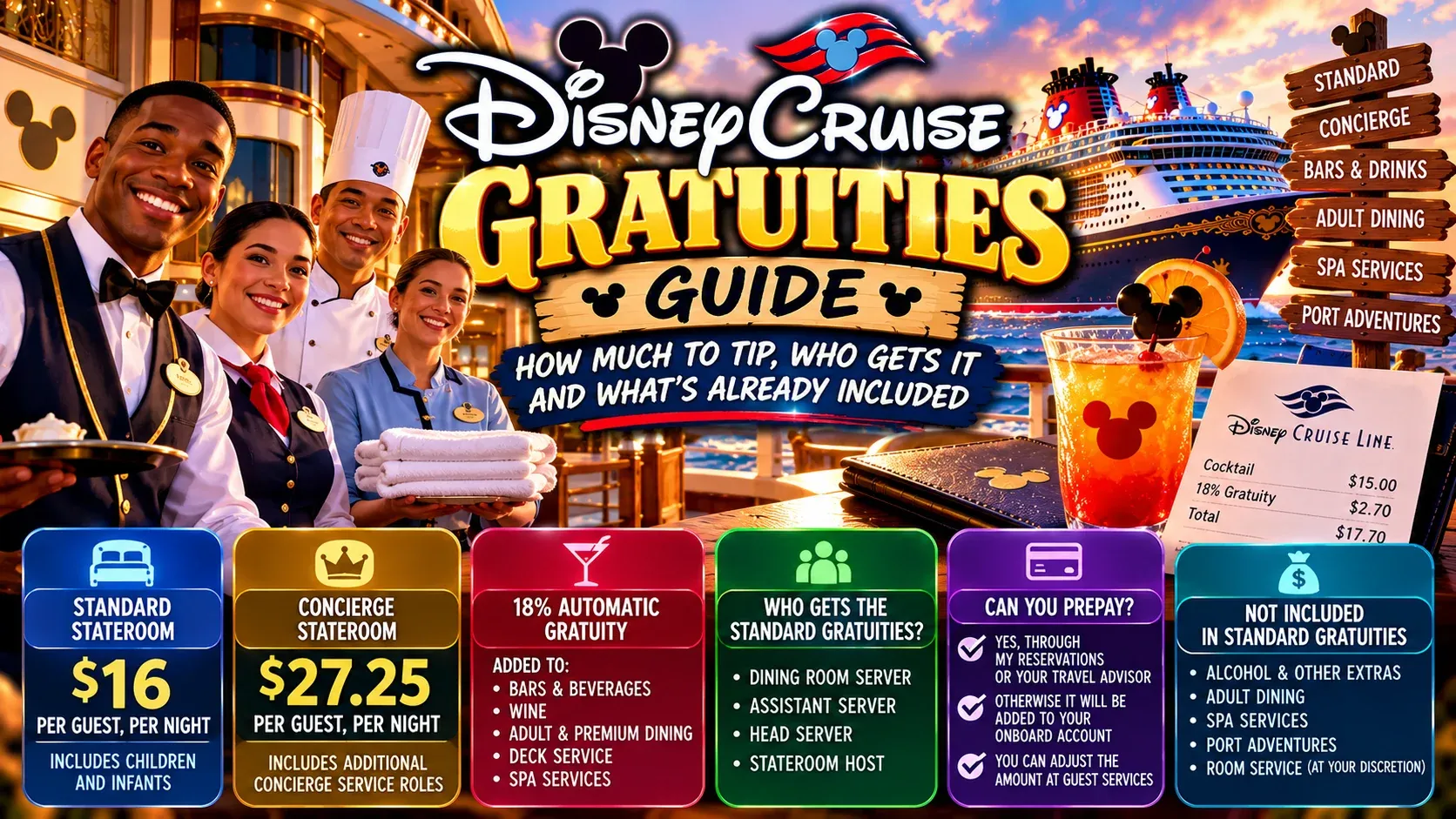Illustrated Disney Cruise Gratuities Guide cover showing crew members and the $16 and $27.25 nightly gratuity amounts.