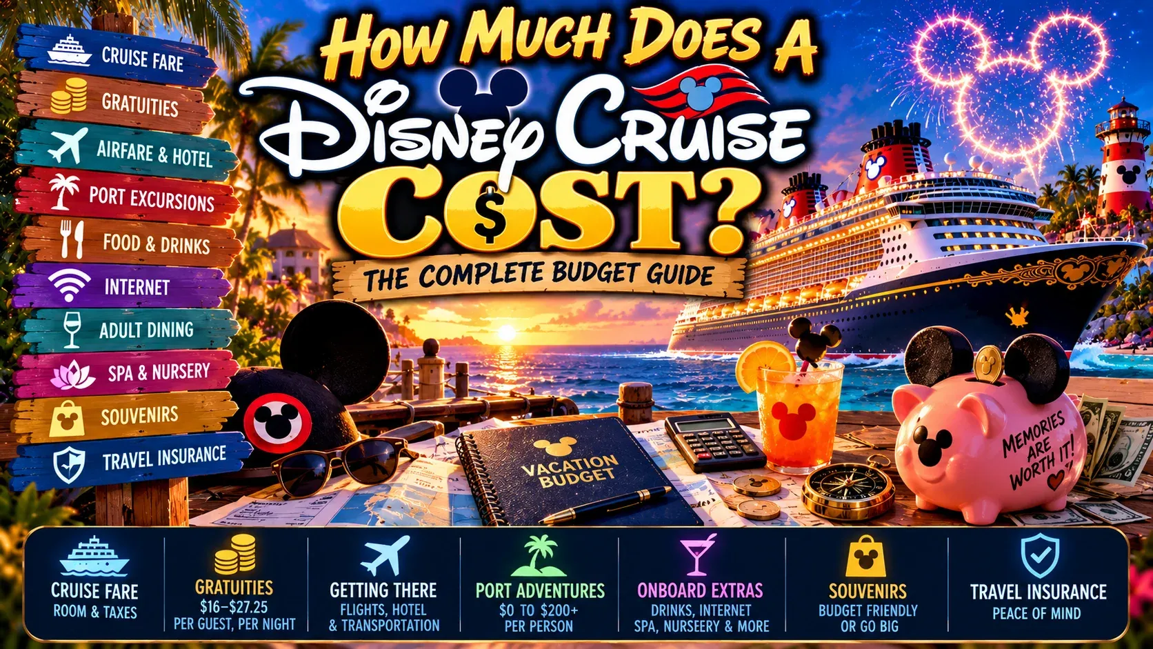 Illustrated cover reading How Much Does a Disney Cruise Cost? The Complete Budget Guide, with a Disney ship.