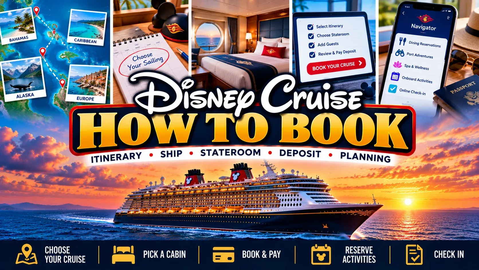 How to book a Disney cruise step-by-step guide covering itinerary, ship, stateroom, deposit, activity reservations and check-in
