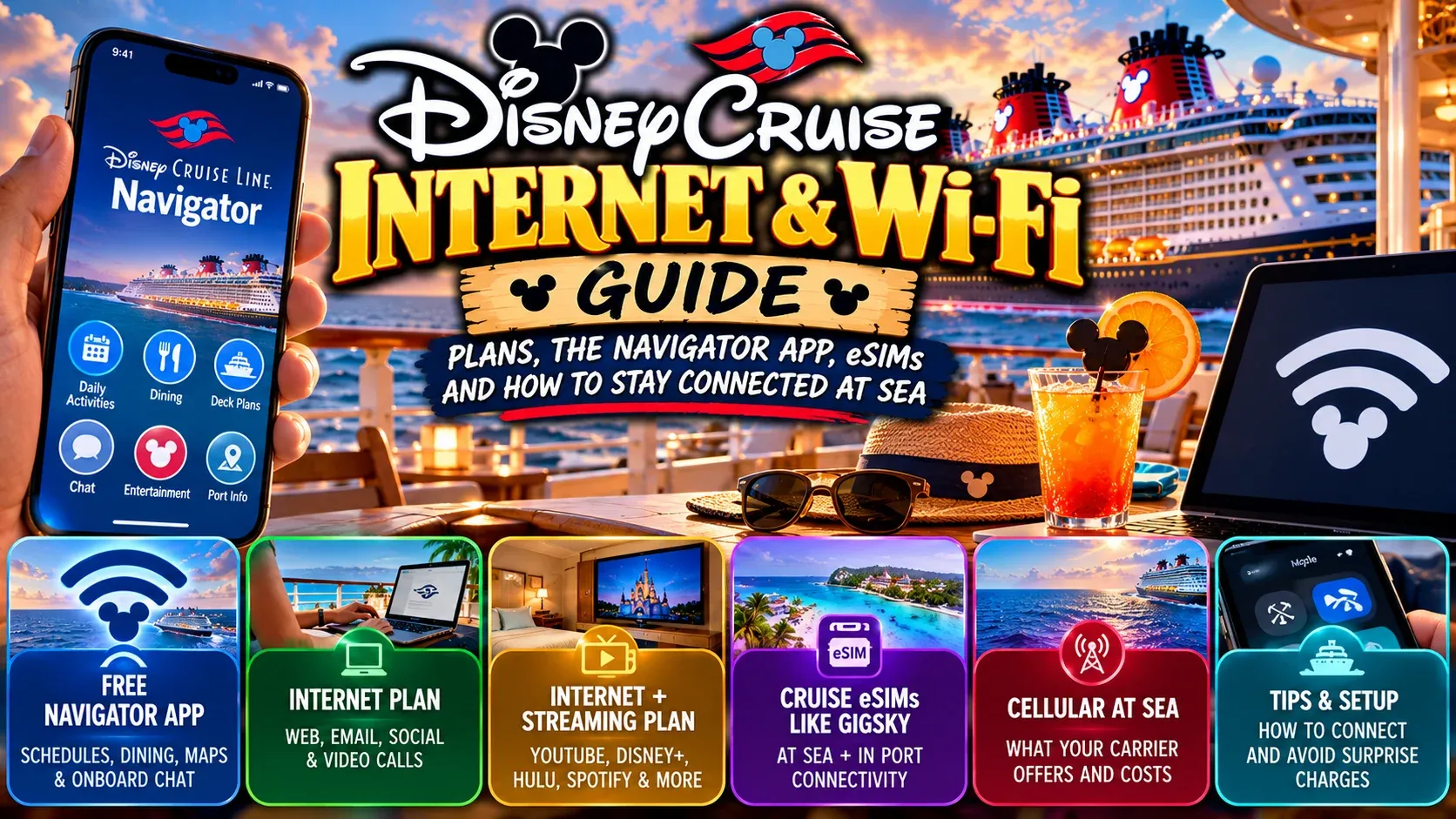 Illustrated Disney Cruise Internet and Wi-Fi Guide cover showing phones and a Disney ship.