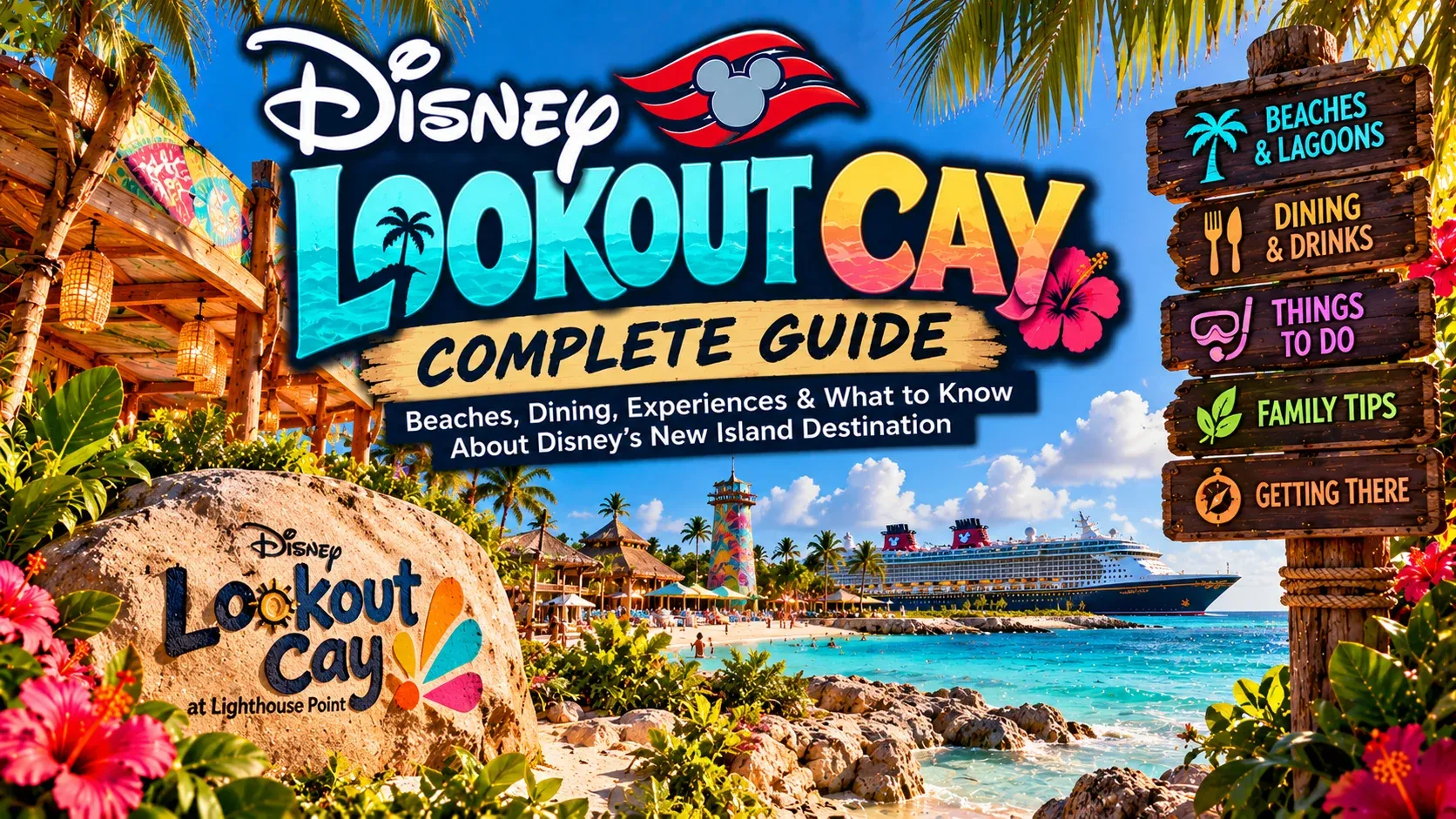 Illustrated Disney Lookout Cay Complete Guide cover showing a Bahamian beach with colorful signposts and a Disney ship offshore.