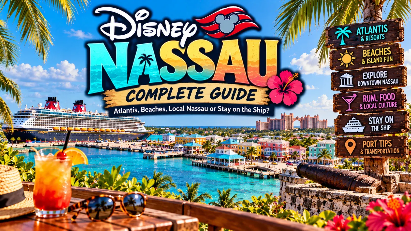 Illustrated Disney Cruise Nassau Complete Guide cover showing a Disney ship docked at Nassau beside colorful signposts.