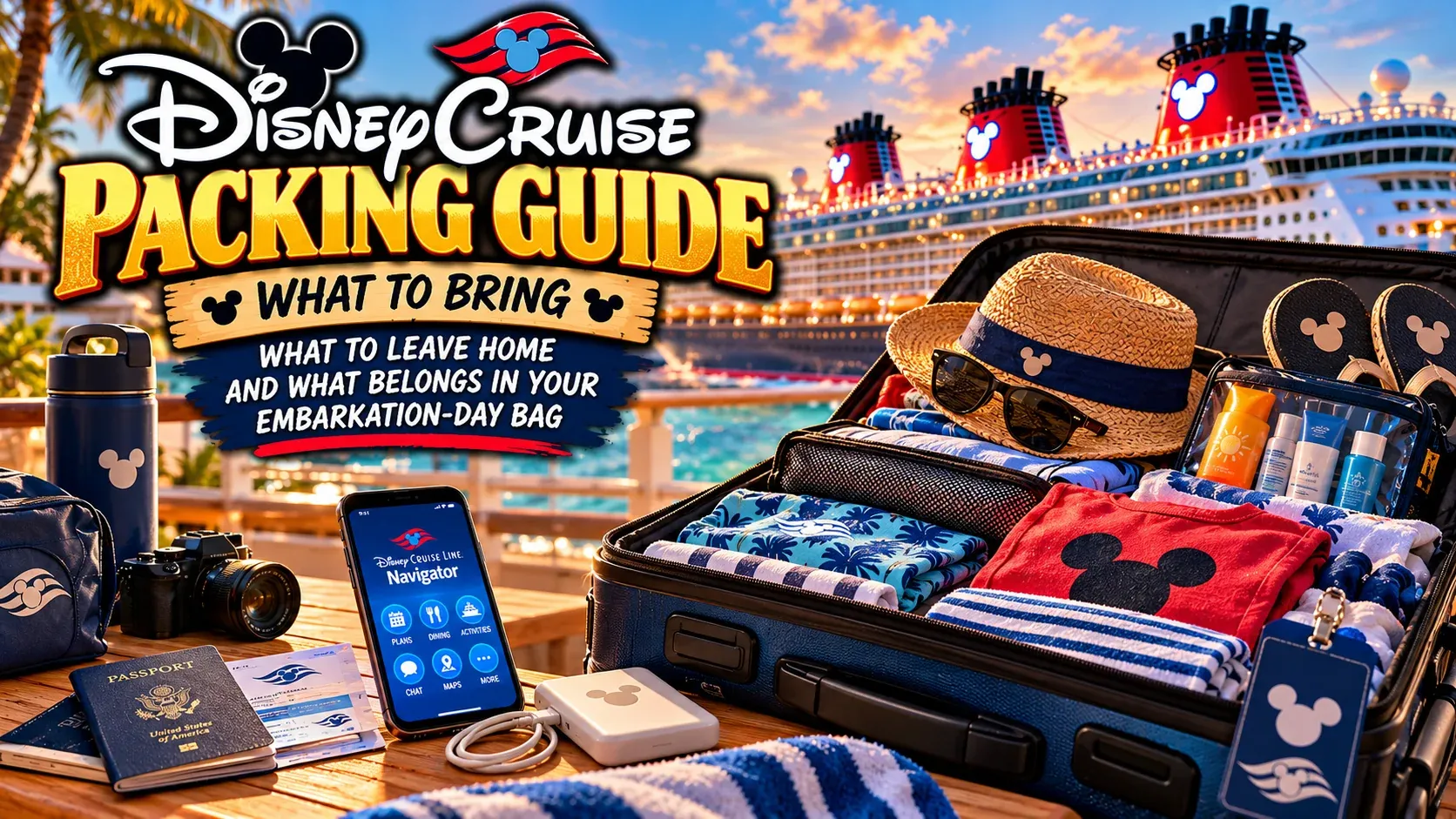 Illustrated Disney Cruise Packing Guide cover showing packed luggage and a Disney ship.
