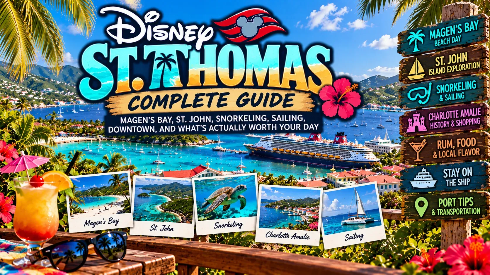 Illustrated Disney Cruise St. Thomas Complete Guide cover showing a turquoise bay with postcards of island sights.