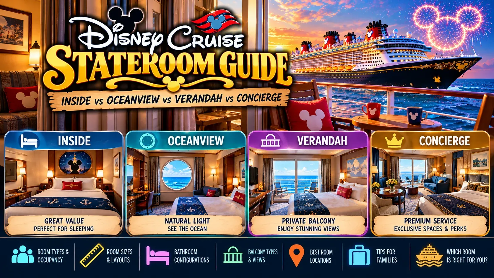 Illustrated Disney Cruise Stateroom Guide cover comparing inside, oceanview, verandah and concierge staterooms.