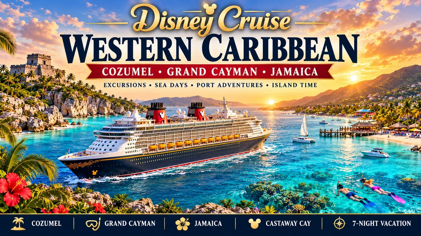 Western Caribbean Disney Cruise guide featuring Cozumel, Grand Cayman, Jamaica, Castaway Cay and a seven-night Caribbean itinerary