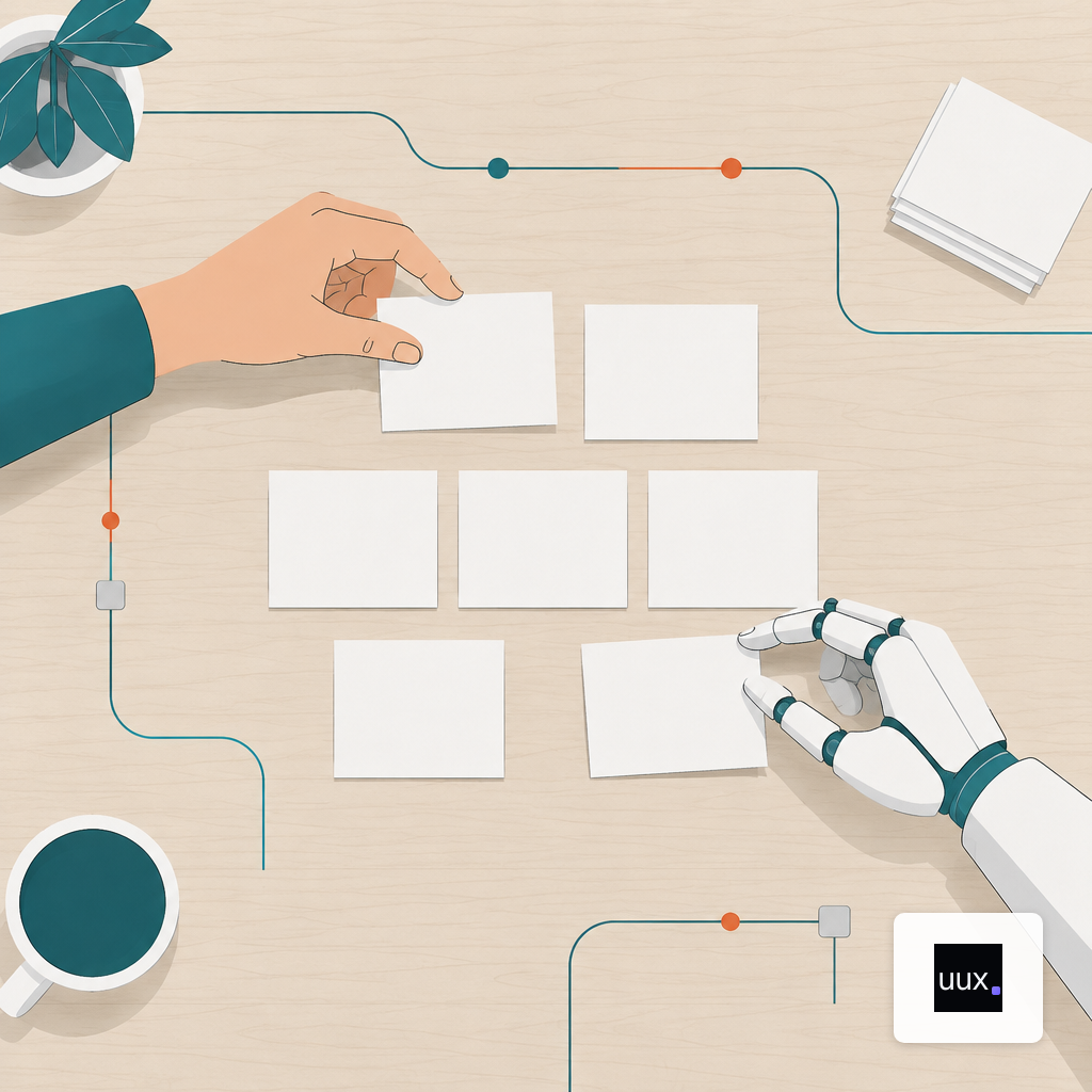 A human hand and a robotic hand arranging blank paper rectangles into a layout.