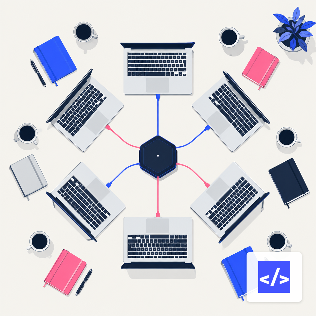 Overhead view of six laptops arranged in a hexagonal cluster around a central hub