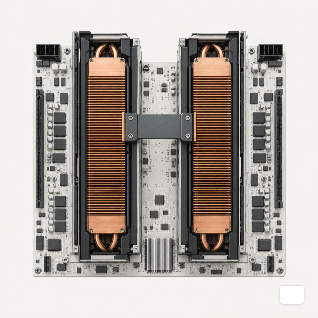 Two datacenter GPUs connected by an NVLink bridge inside a server chassis