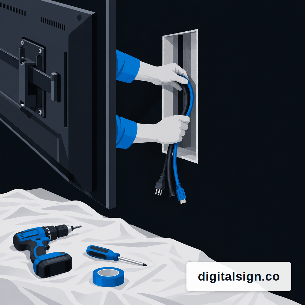 Hands running cables through a wall behind a display mount during install