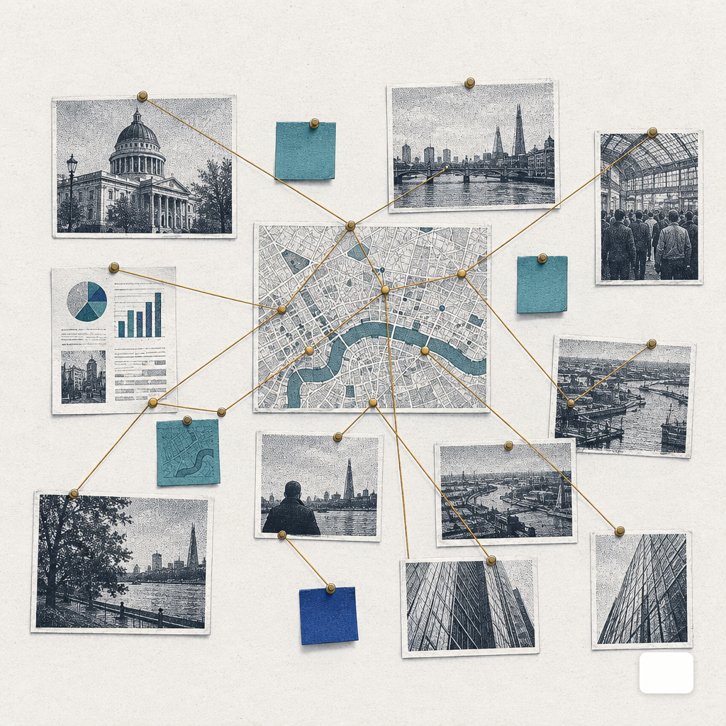A pinboard tracking pitches, replies, and placements connected by string