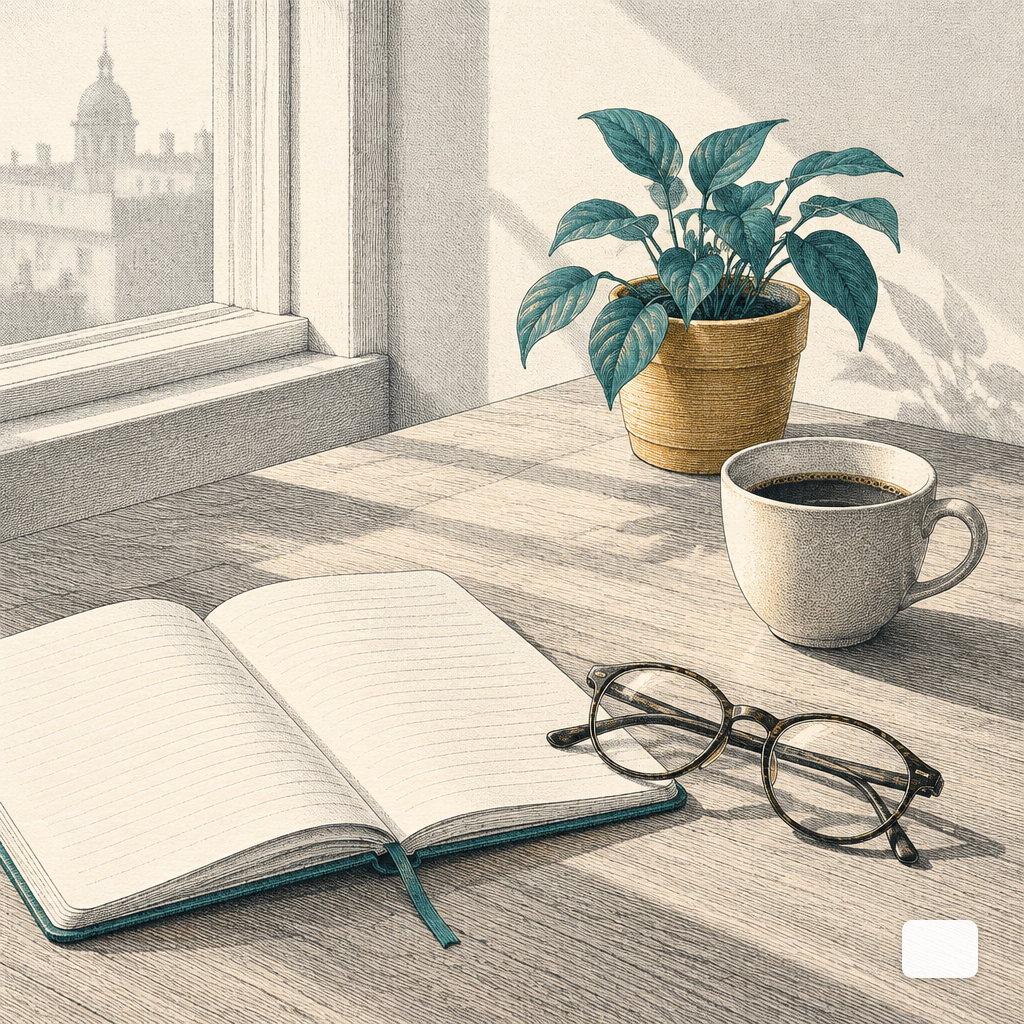 A journalist's desk in morning light with an open notebook, reading glasses, coffee, and a potted plant.