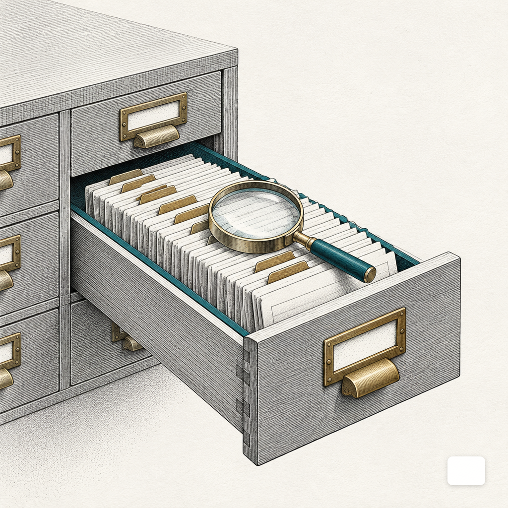 Open library card catalogue drawer with organized index cards and a magnifying glass