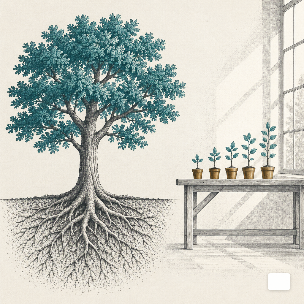 An oak tree with deep roots next to a row of small potted saplings on a workbench