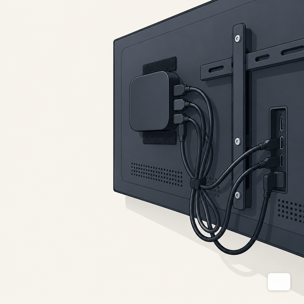 Media player and cables tucked behind a wall-mounted display
