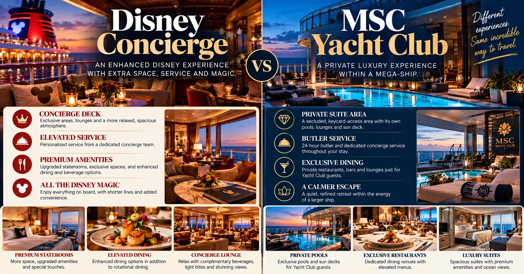 A premium cruise comparison contrasts Disney Concierge with MSC Yacht Club as two different ways to upgrade a family cruise experience.