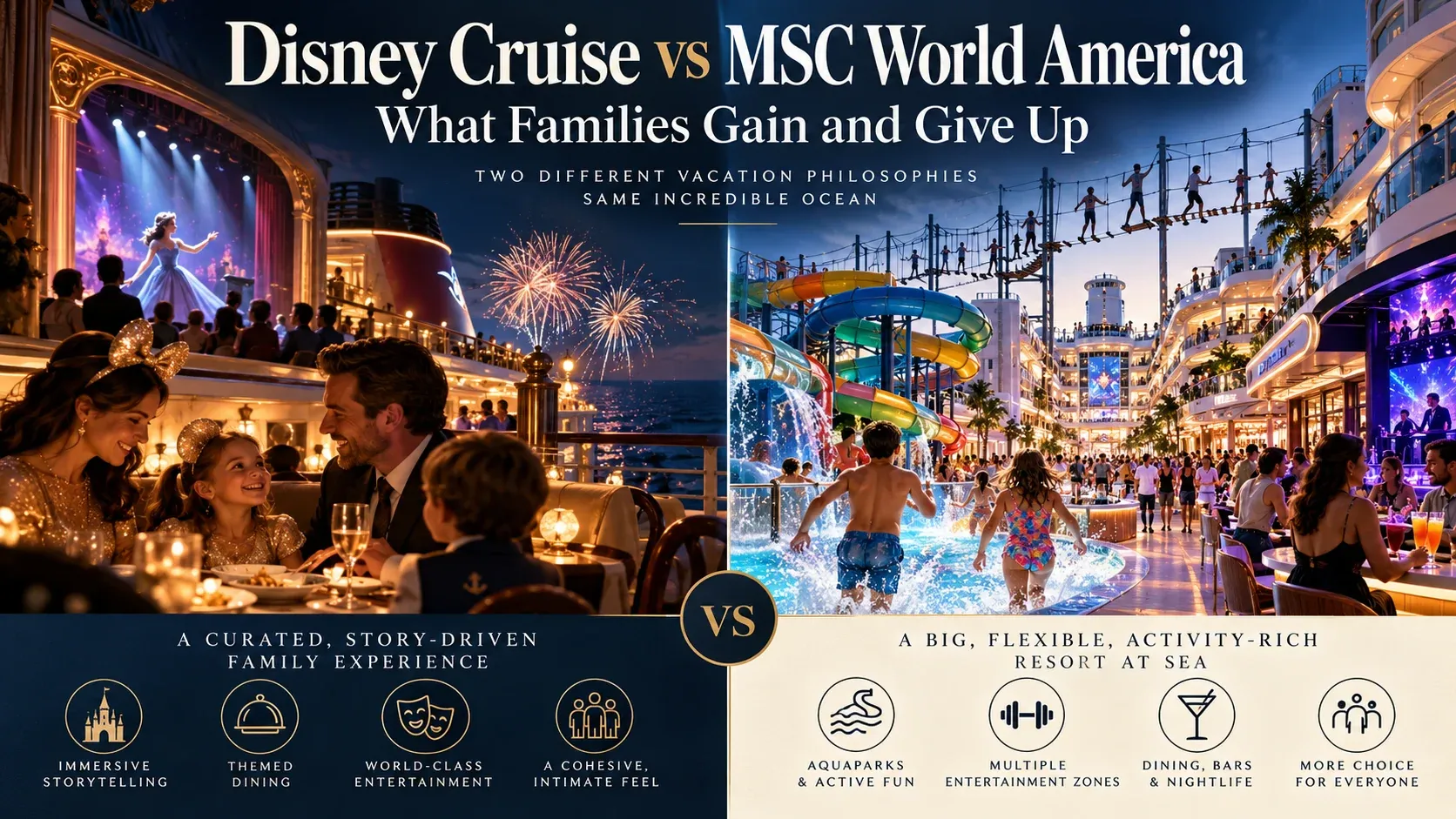 A premium comparison graphic contrasts Disney Cruise Line's curated family storytelling with MSC World America's large resort-style mix of activities and entertainment.