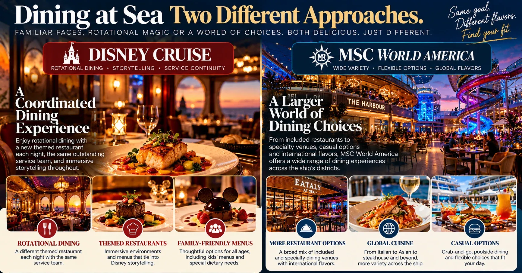 An editorial dining comparison contrasts Disney Cruise Line's rotational dining system with MSC World America's broader restaurant and specialty-dining choices.