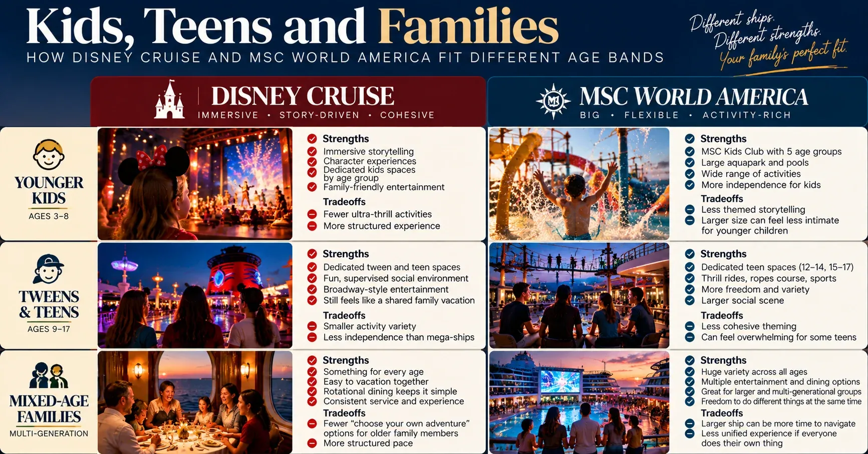 A family age-fit guide compares Disney Cruise Line and MSC World America for younger kids, teenagers and mixed-age families.