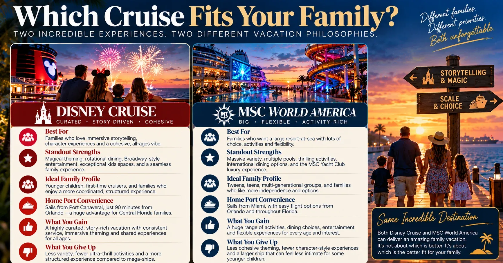 A final decision guide helps families choose between Disney Cruise Line and MSC World America based on age mix, activities, dining, travel style and desired level of structure.