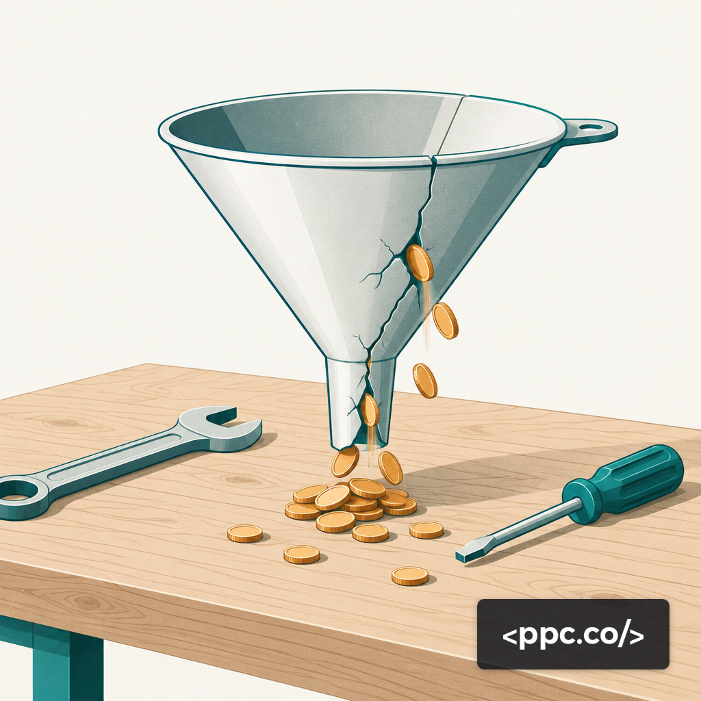 A cracked funnel on a workbench leaking coins through hairline fractures