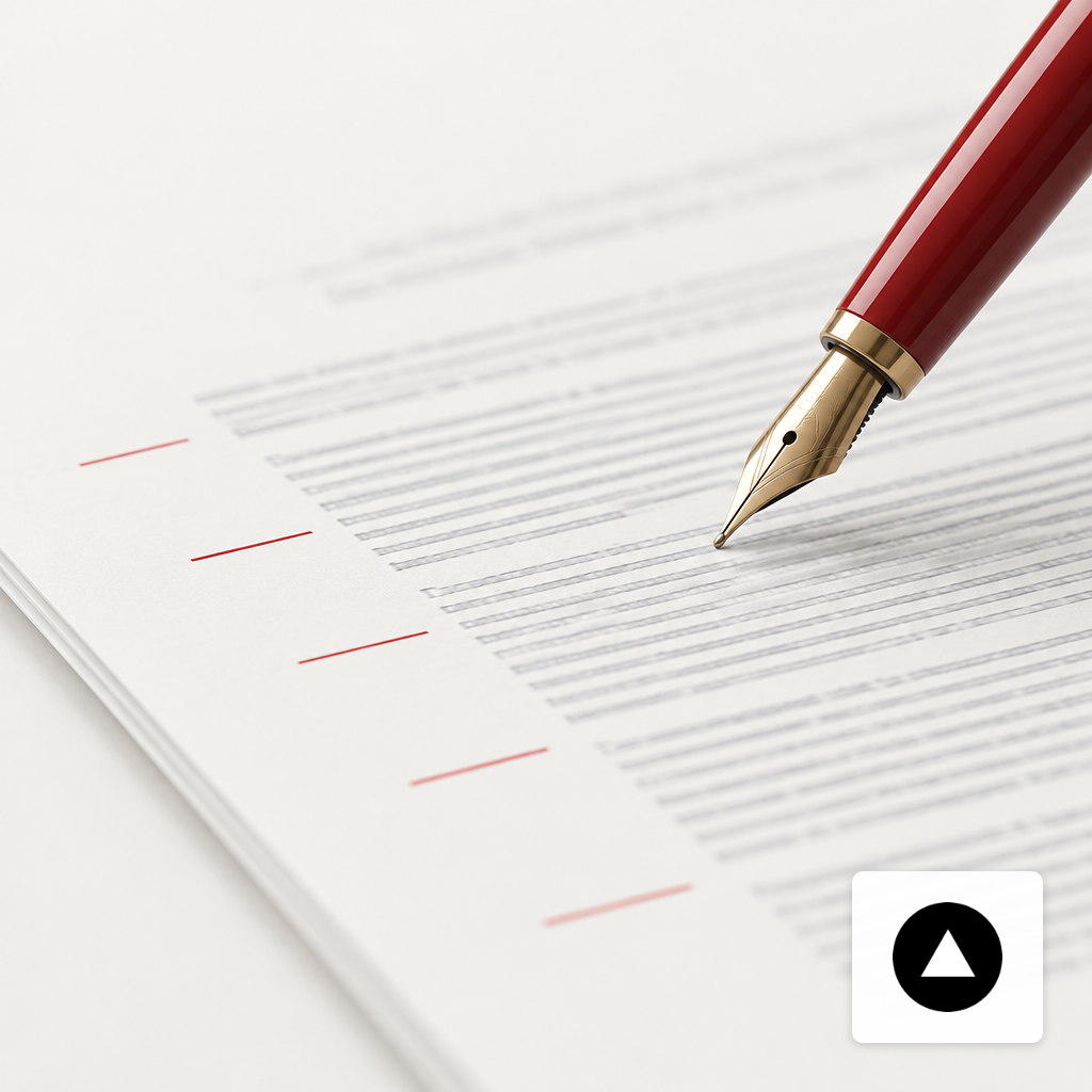 Red fountain pen hovering over a printed contract with red margin markings.