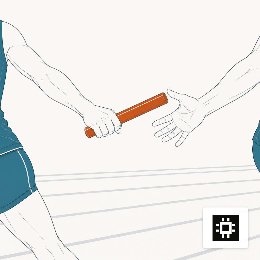 Close-up of a baton being passed between two relay runners, representing how identity is handed between services.
