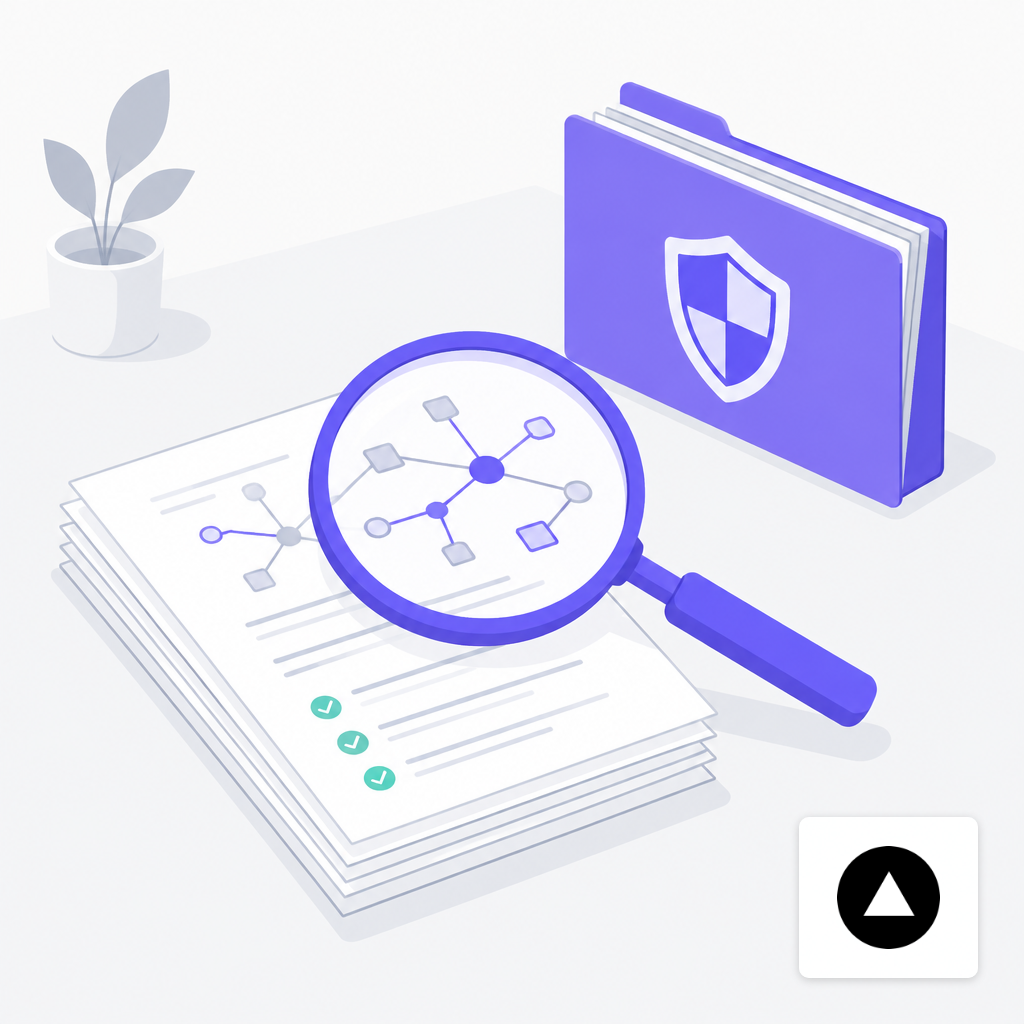 A magnifying glass over a stack of audit documents and a folder marked with a security shield.
