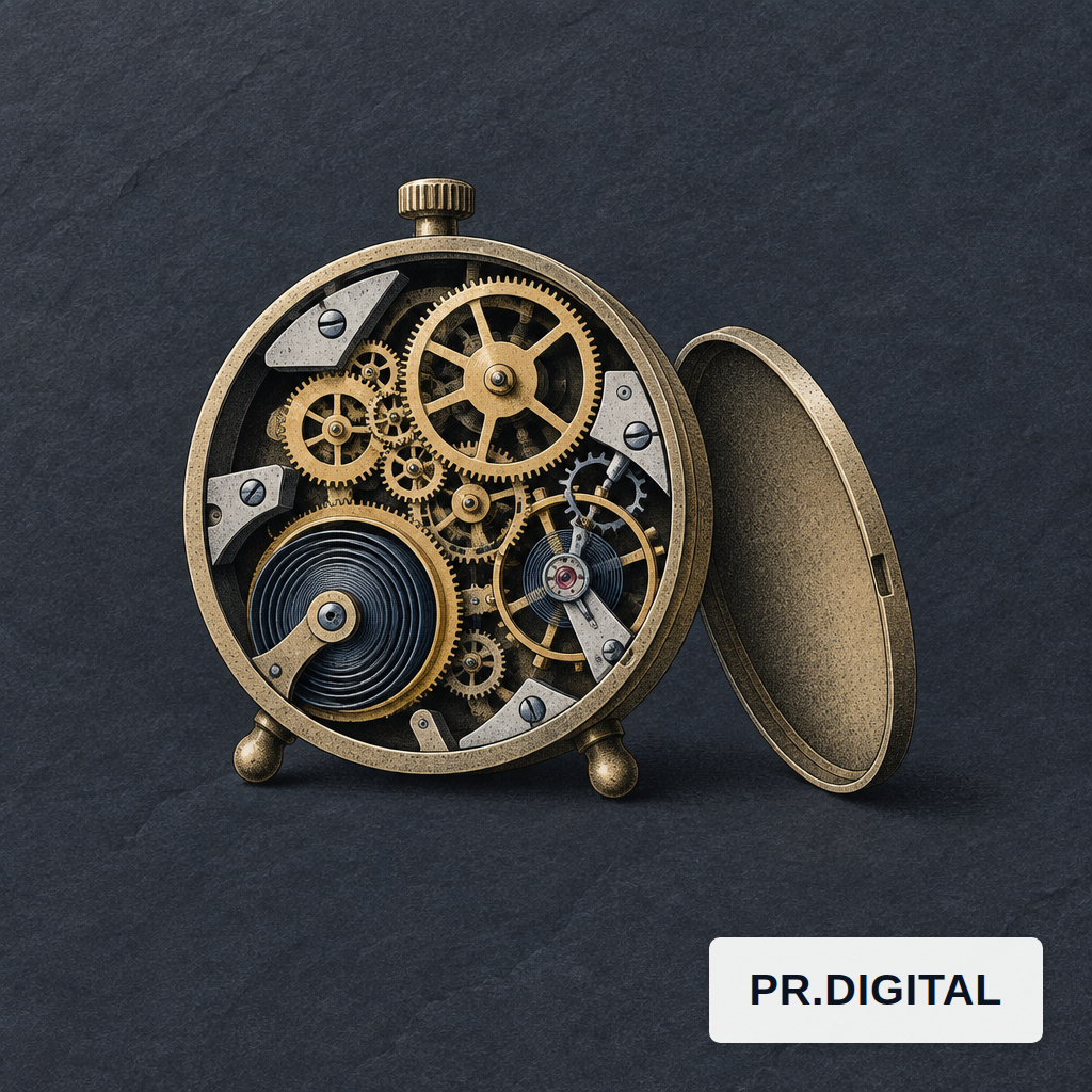 Exposed brass clockwork gears and springs on a dark slate surface.