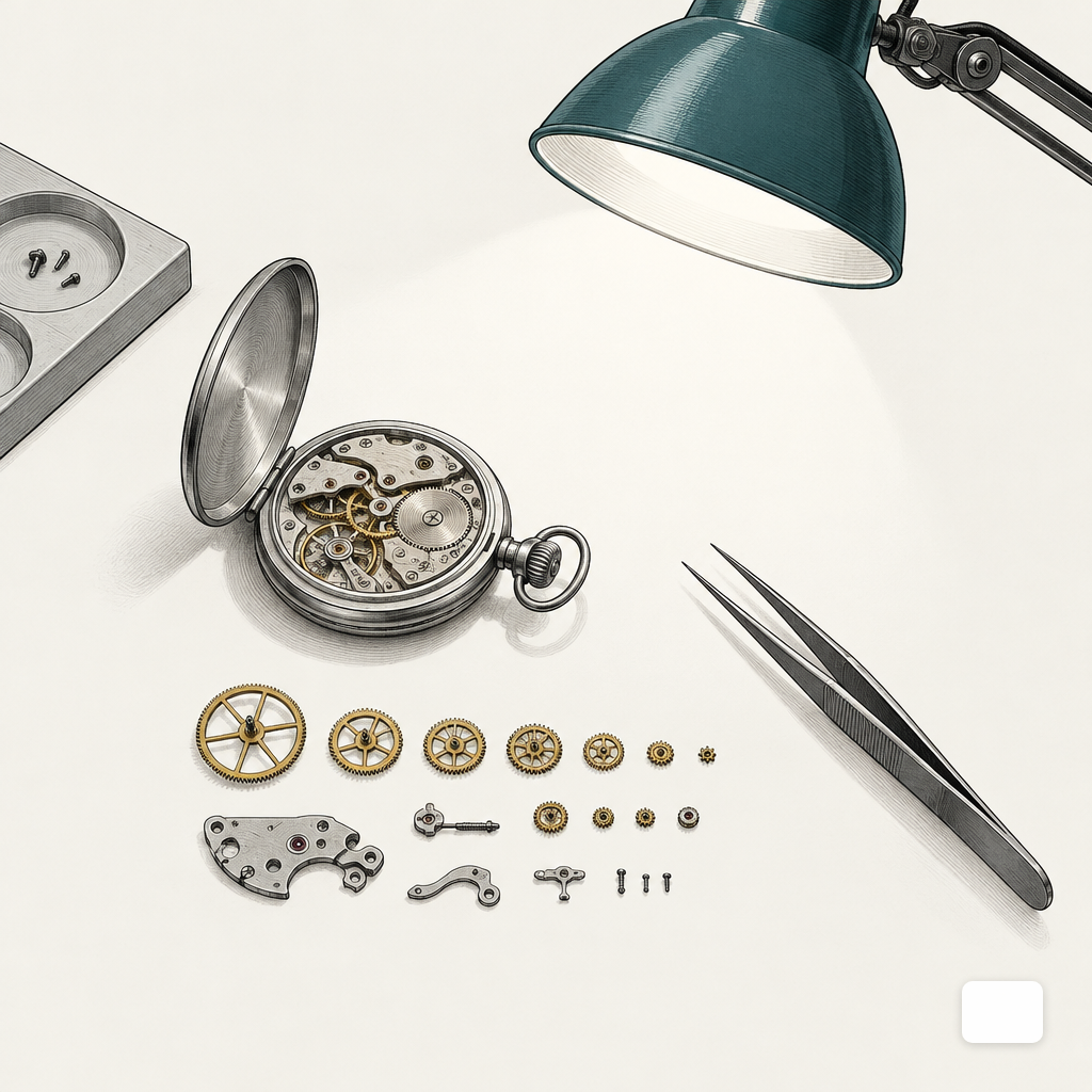 Open pocket watch with brass gears laid out on a workbench next to tweezers