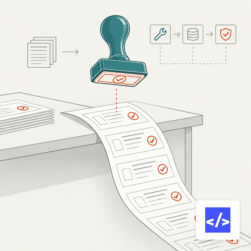 A rubber stamp above an endless paper ribbon of approval forms