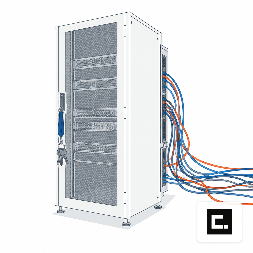 Keys beside a server cabinet with tangled unlabeled cables, illustrating identity and access gaps.