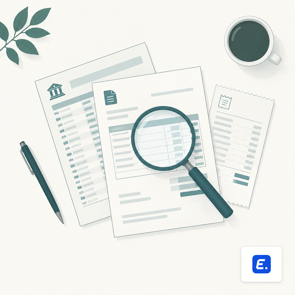 Bank statement, invoice and receipt on a desk with a magnifying glass over the invoice