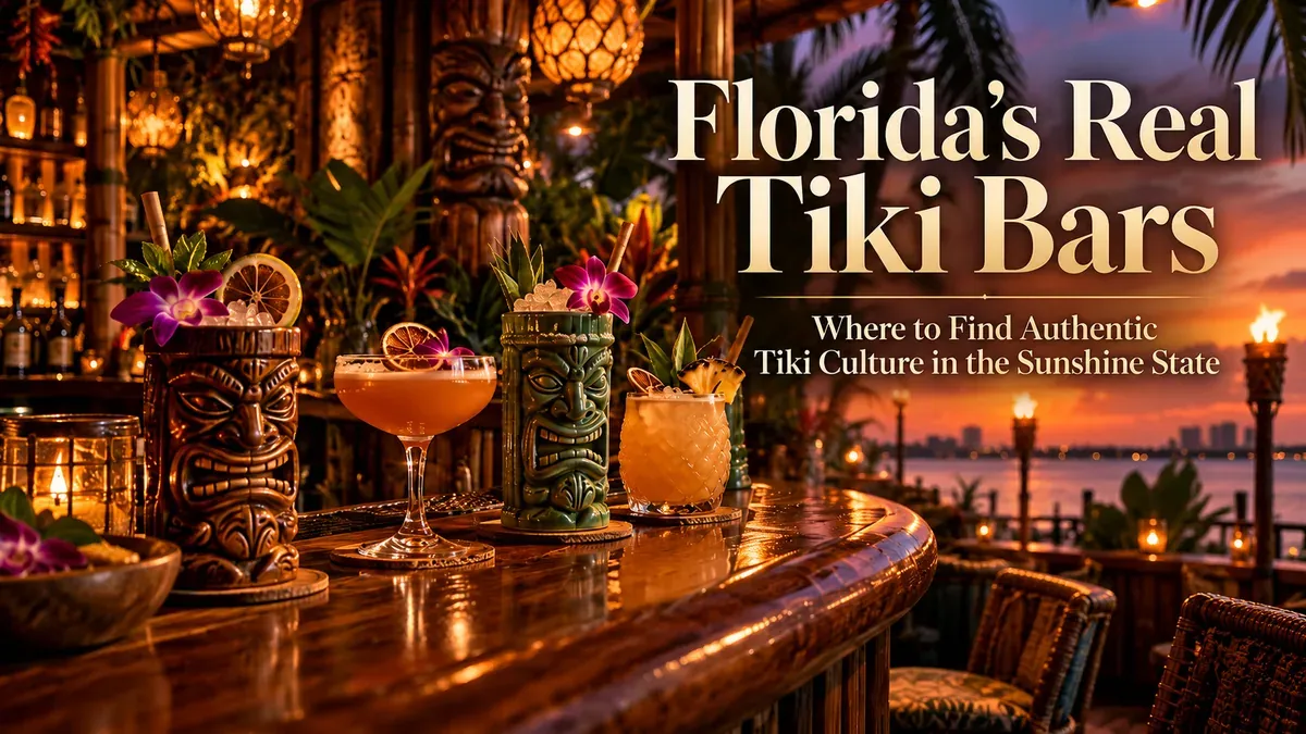 Illustrated editorial scene of carved tiki mugs, tropical cocktails, bamboo, and a Florida waterfront sunset, with the title Florida’s Real Tiki Bars.