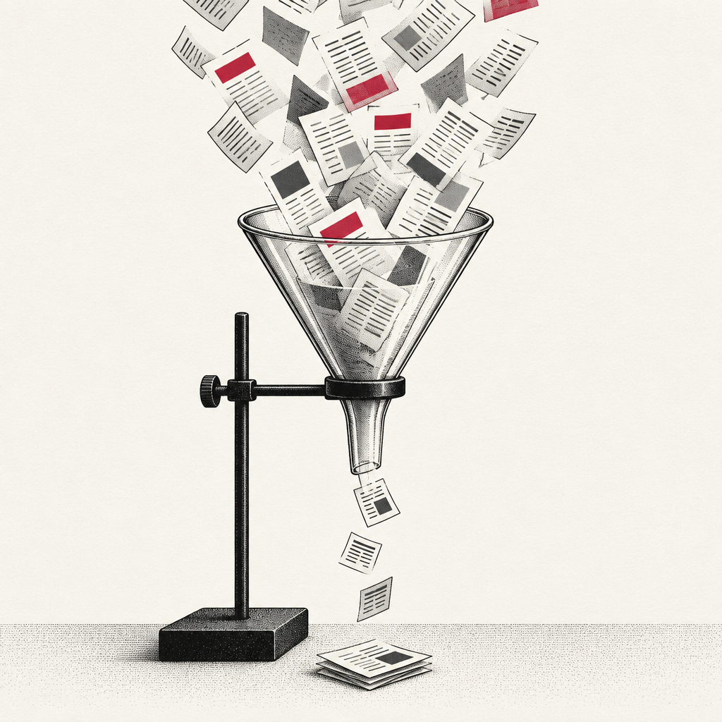 A glass funnel filtering many documents down to a few, illustrating the gap between retrieval and citation